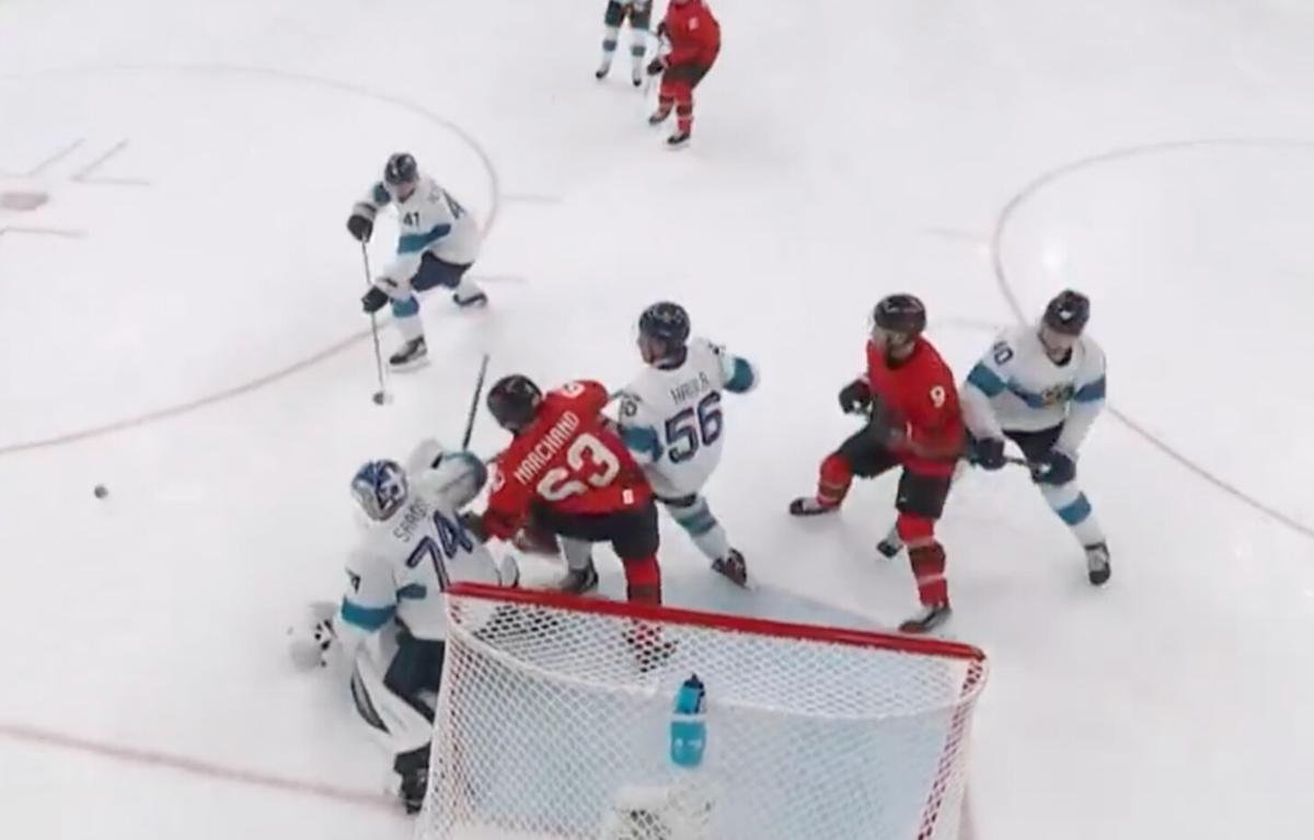 Shea Theodore's tying goal for Canada against Finland. 