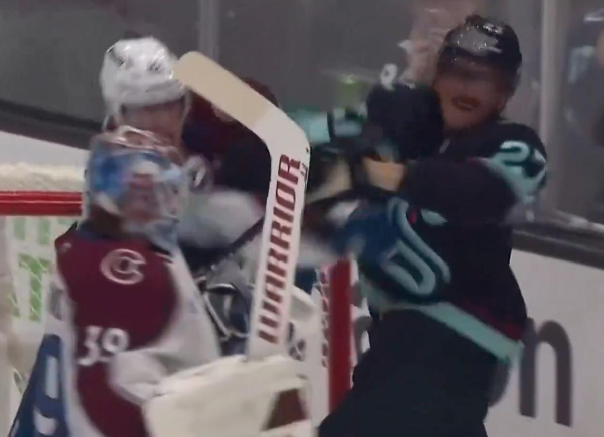 Josh Manson and Mason Marchment fighting. 