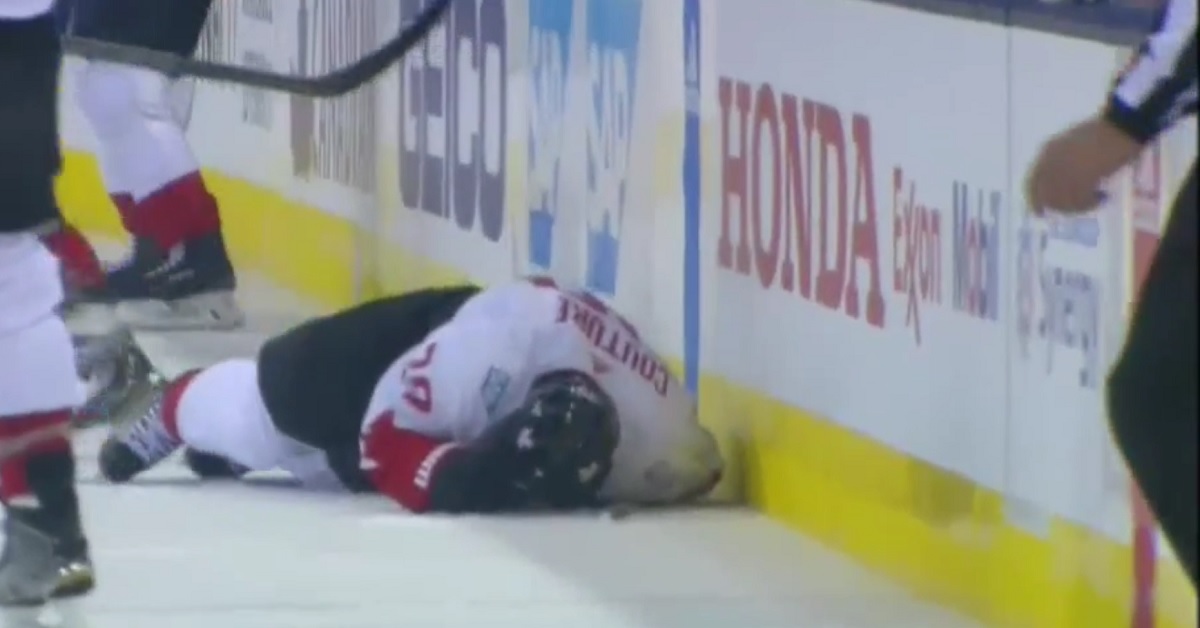 Breaking: T.J. Oshie drills Logan Couture head first into the boards at the World Cup.