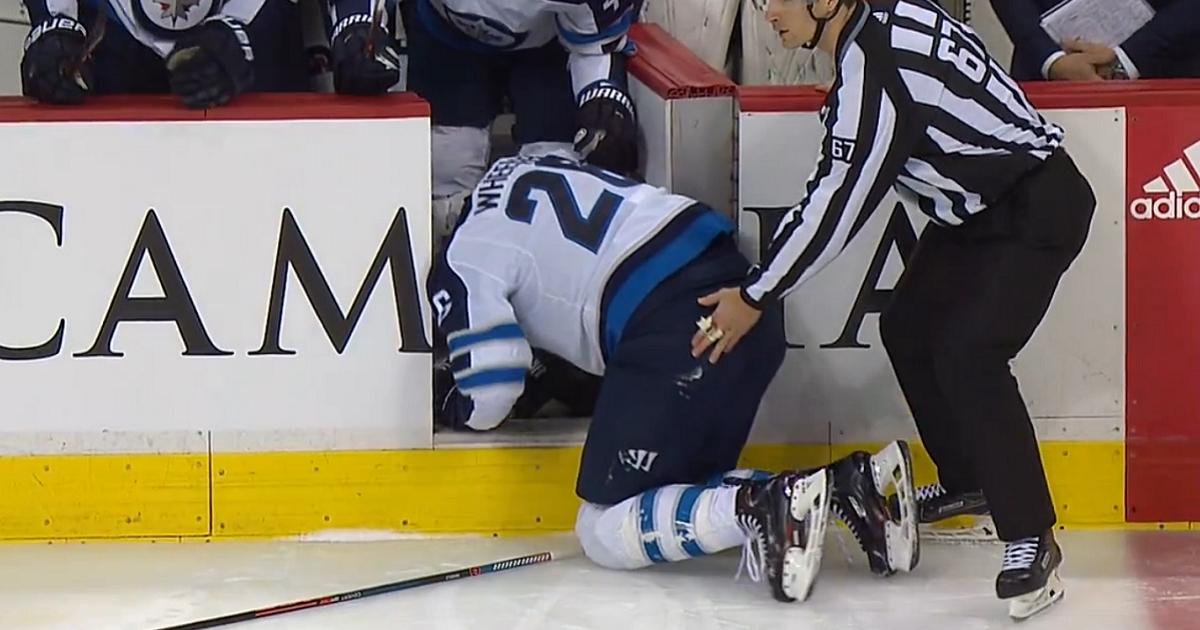 Wheeler in bad shape after taking 100+ MPH slapshot to the jewels.