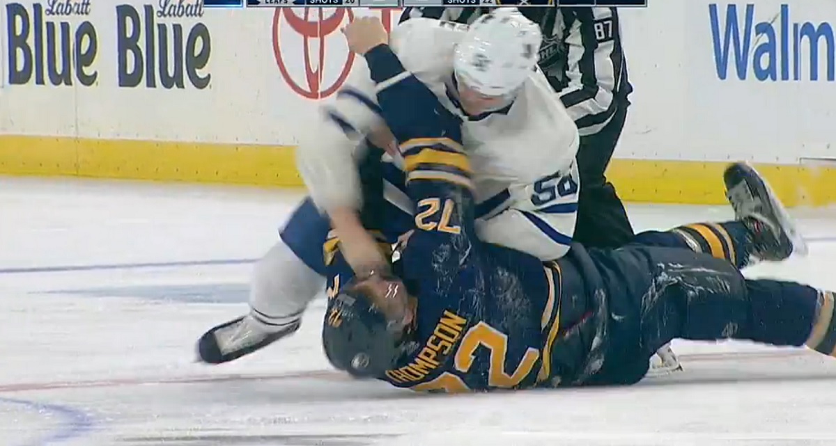 Leafs rookie delivers some ground &amp;amp; pound after dropping Thompson to the ice.