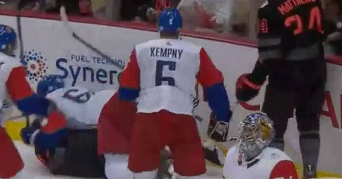 Breaking: Roman Polak takes a run at Connor McDavid in exhibition game.