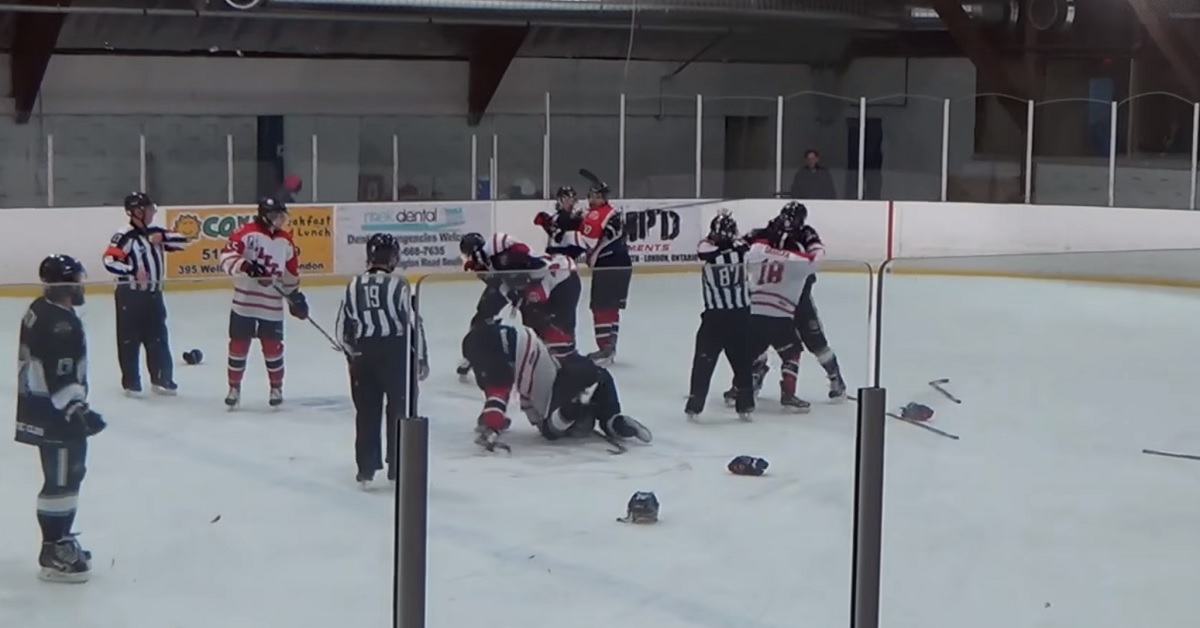 Goalie gets hit, players brawl and then the referee and coaches throw punches!