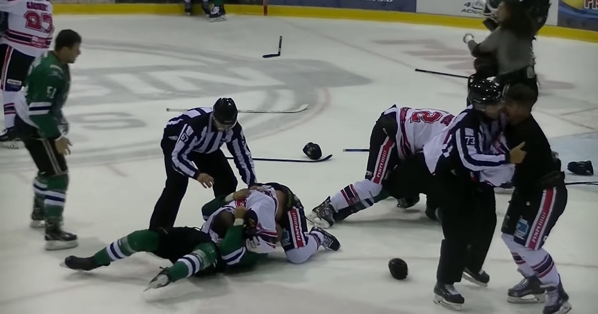 Scuffle in front of the net leads to a bench clearing brawl in the LNAH.