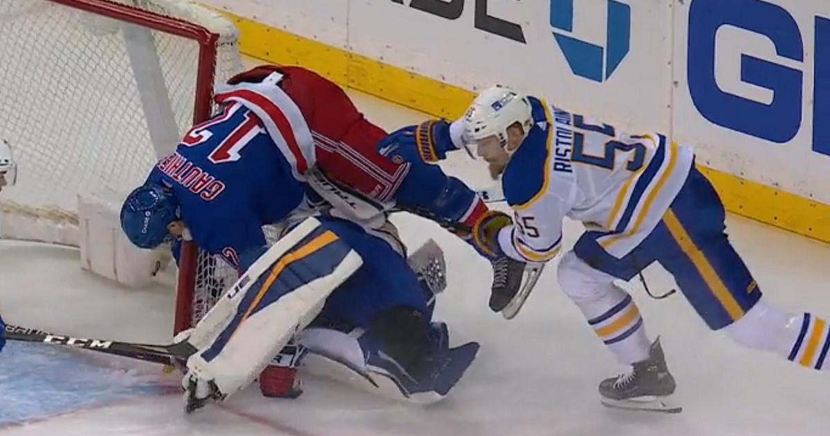 Carter Hutton injured after being run over in net.