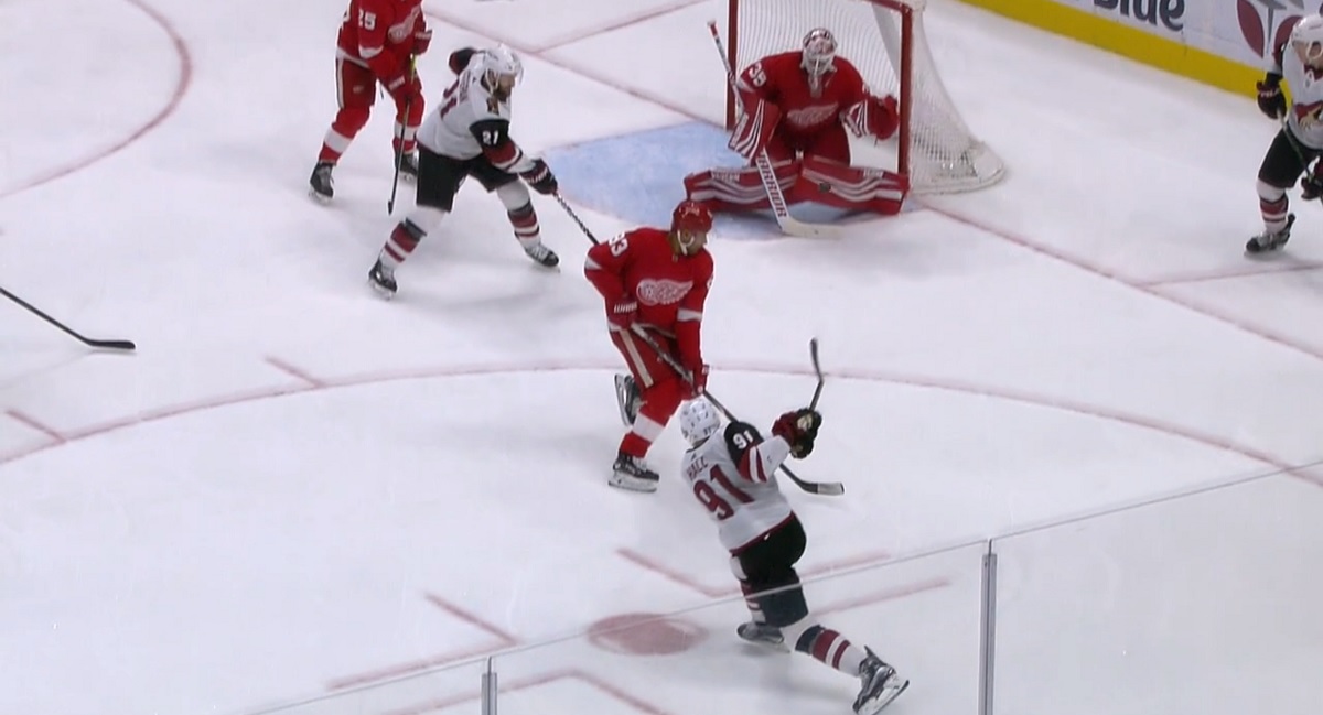 Taylor Hall goes bar down for his first as a Coyote.