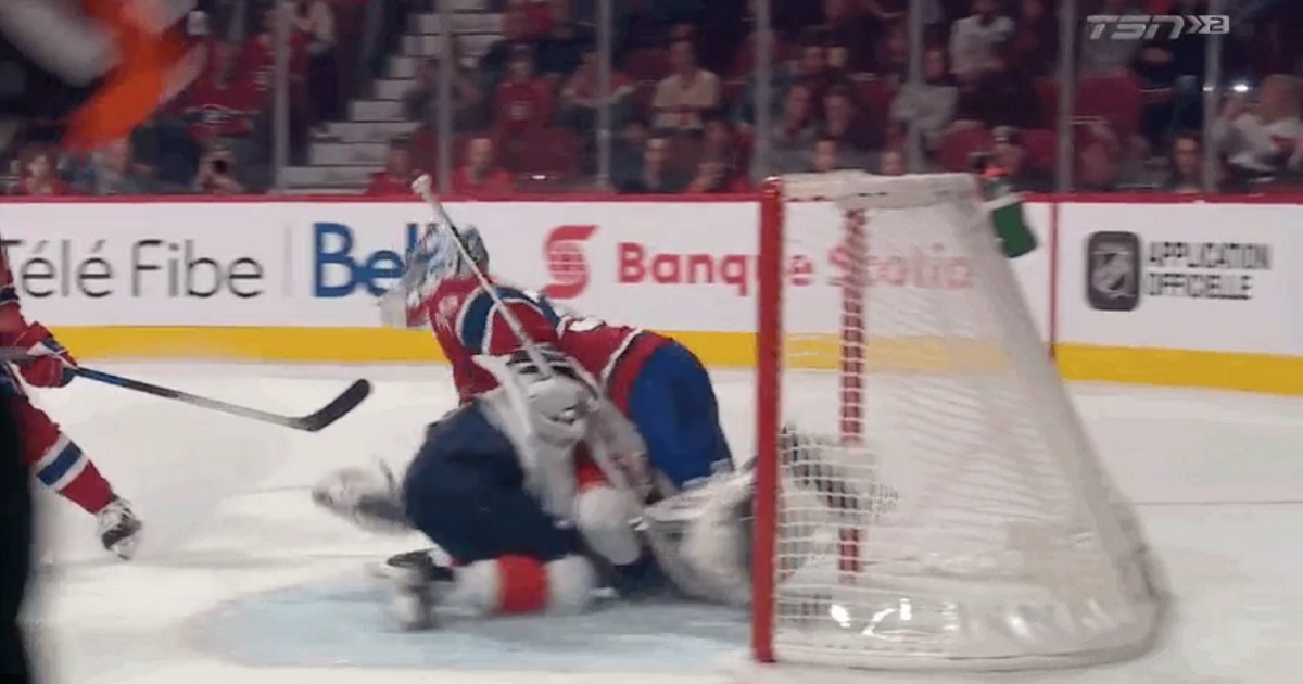 Young Habs goalie gets bulldozed into his own net, goal still counts.