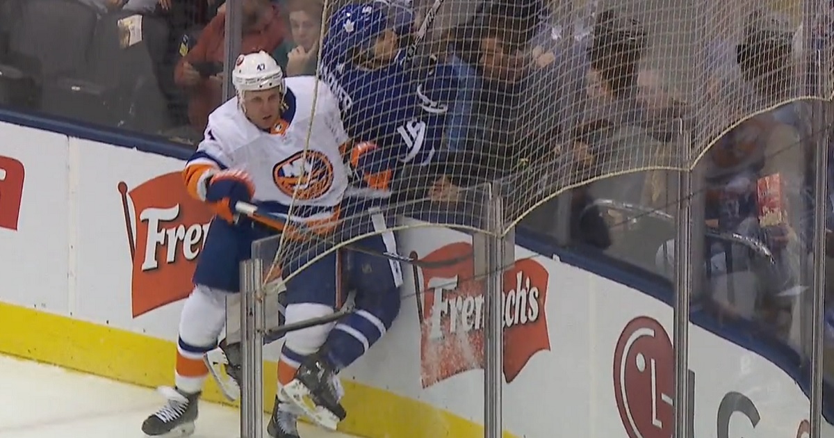 Leo Komarov hits former teammate Mitch Marner right in the numbers.