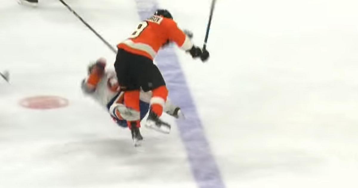 Provorov crushes Barzal with a huge open ice hit. 