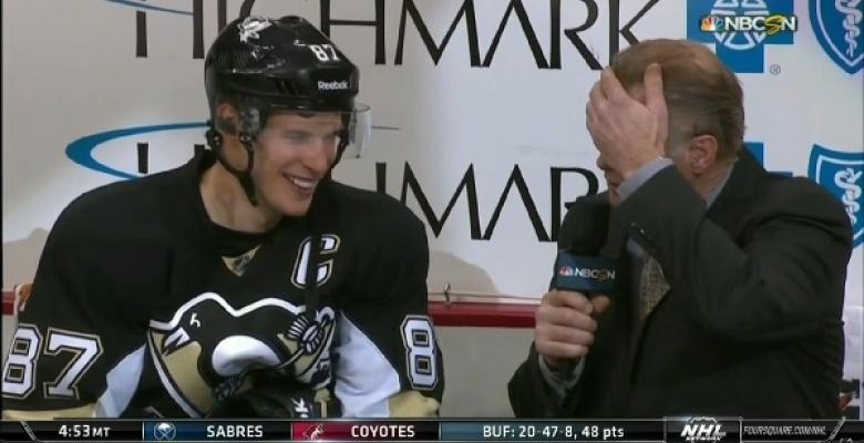 Engblom jokes with Crosby after taking a puck to the head.