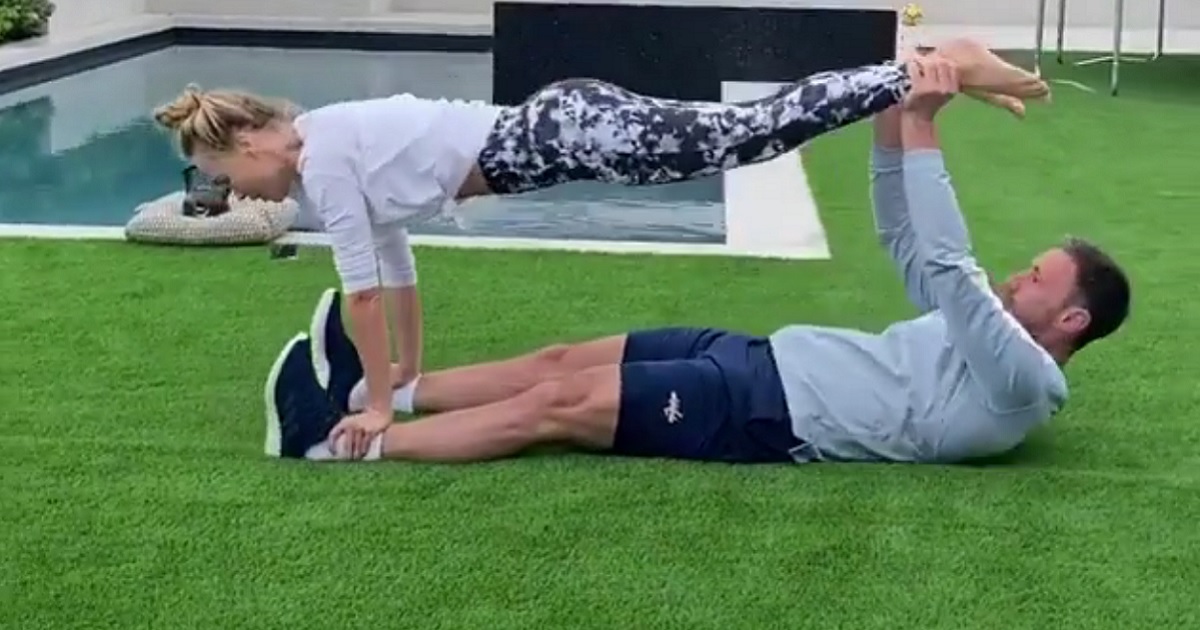 Ilya Kovalchuk uses his wife as improvised workout equipment during COVID-19 lockdown.