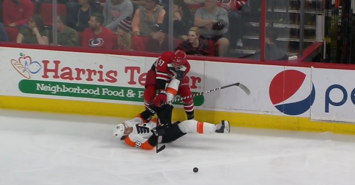 Trevor van Riemsdyk takes a skate right to the neck!