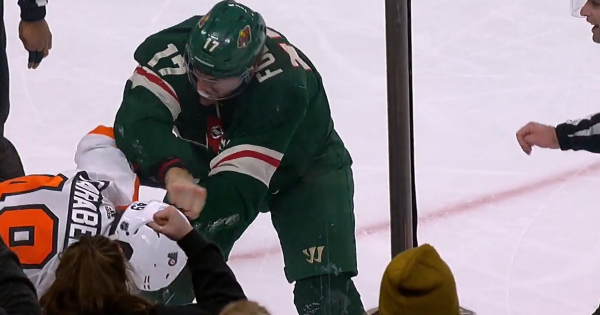 Marcus Foligno destroys rookie Joel Farabee for daring to challenge him.