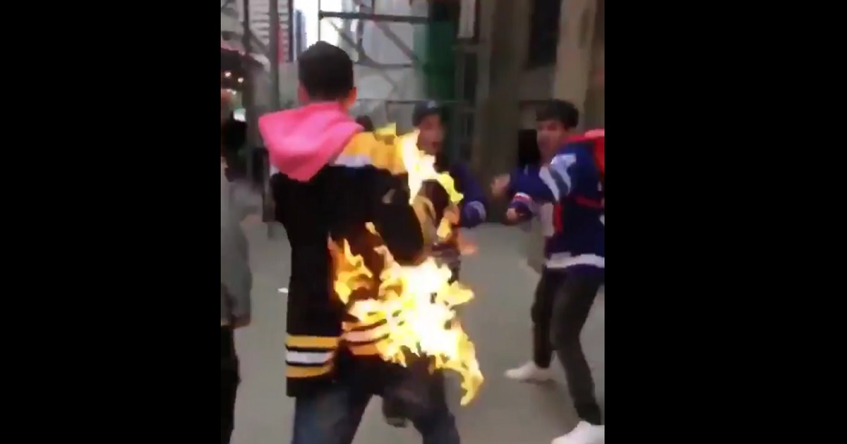 Leaf fans set Bruins fan on fire after Game 6!