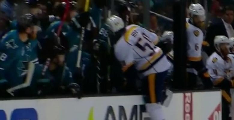 Roman Josi tries to jump on the wrong bench to avoid a penalty.