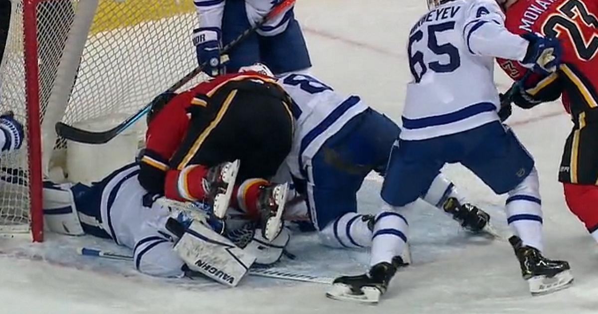 Jack Campbell shaken up after Matthew Tkachuk falls on him.