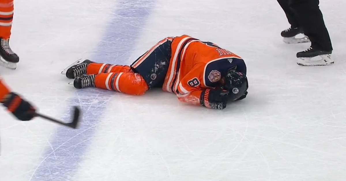 Oilers forward Ty Rattie goes down hard on Saturday.