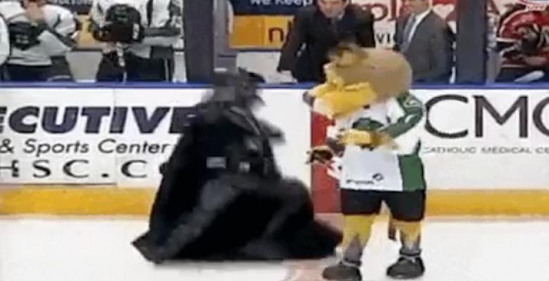 (VIDEO): Mascot uses the force, topples Darth Vader!