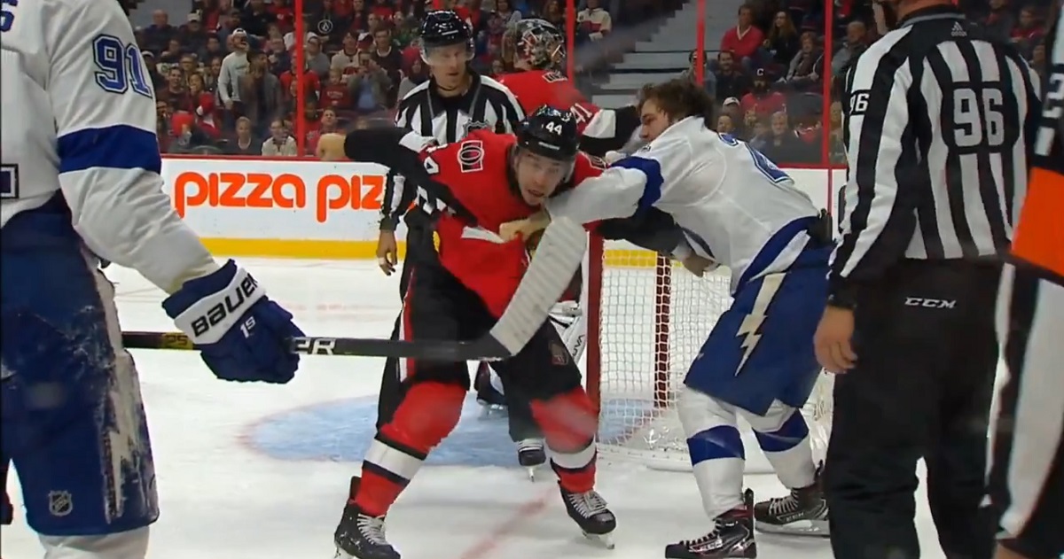 Brayden Point and Jean-Gabriel Pageau trade blows on Saturday night!