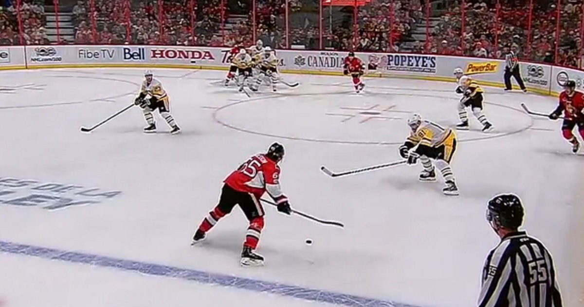 Karlsson's shot deflects three times before going in. 