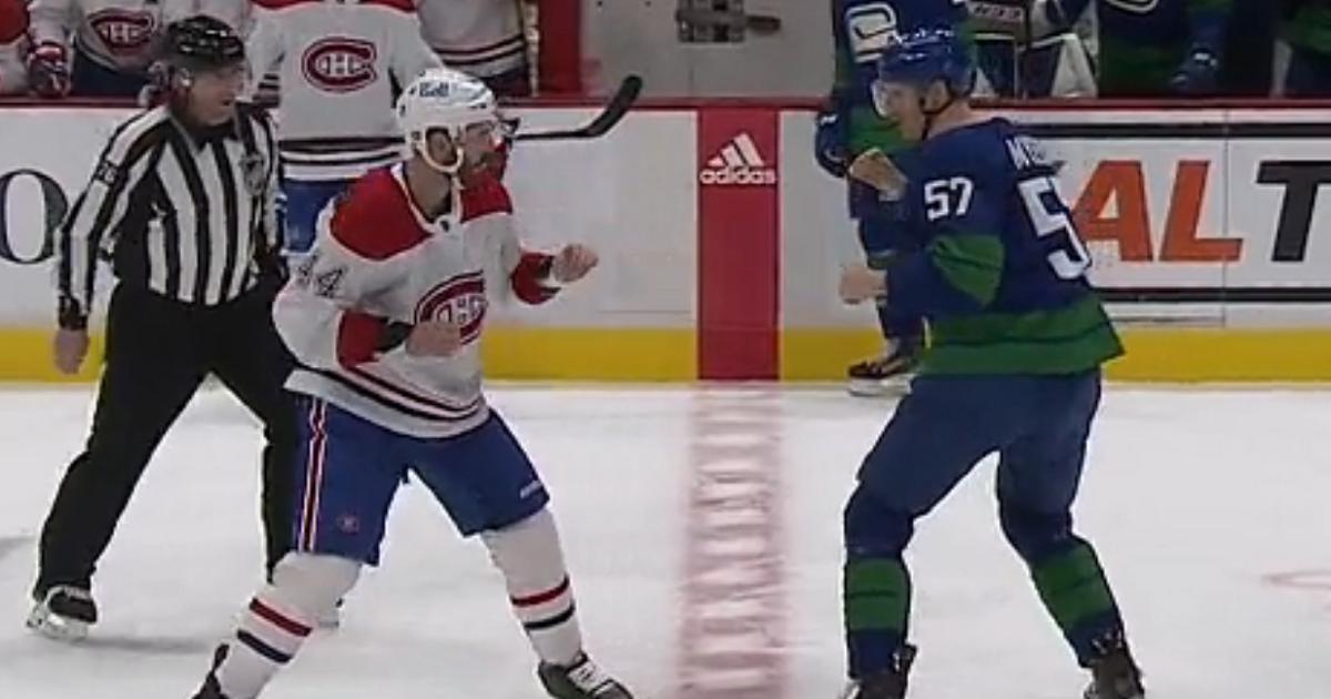 Joel Edmundson and Tyler Myers go toe to toe in the first.