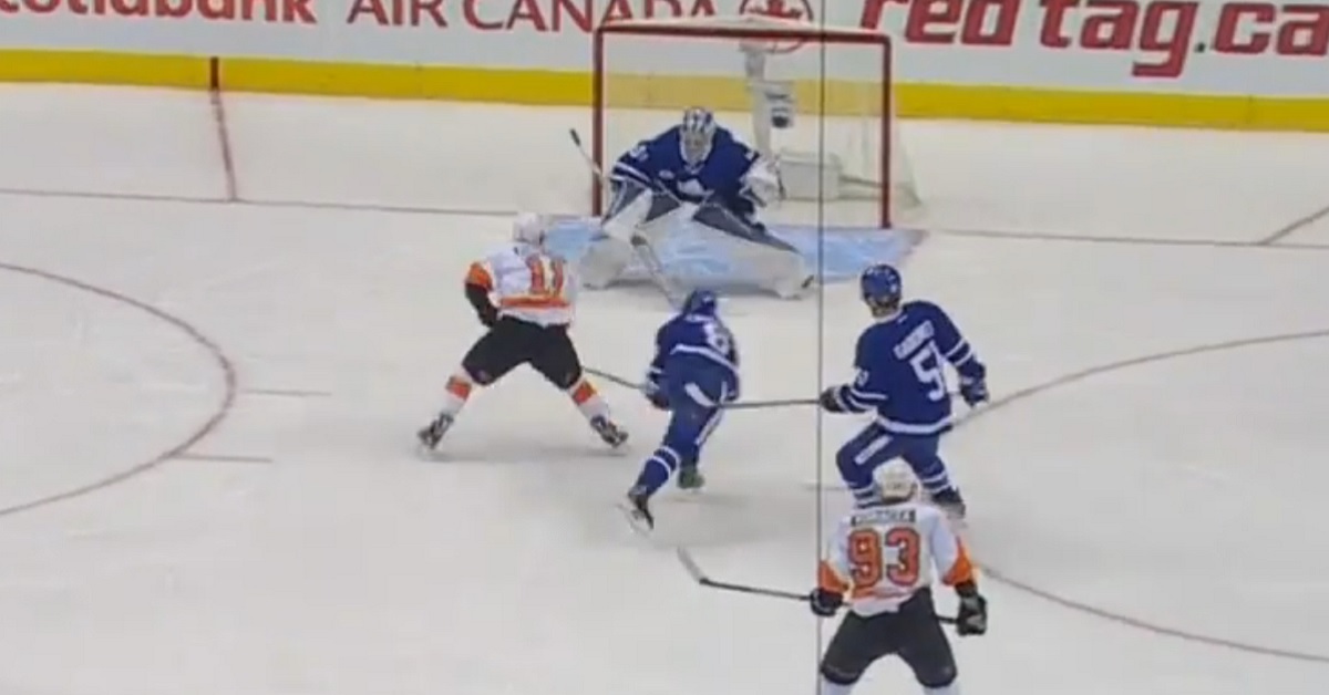 Flyers rookie Travis Konecny fights through the Leafs defense for an incredible goal.