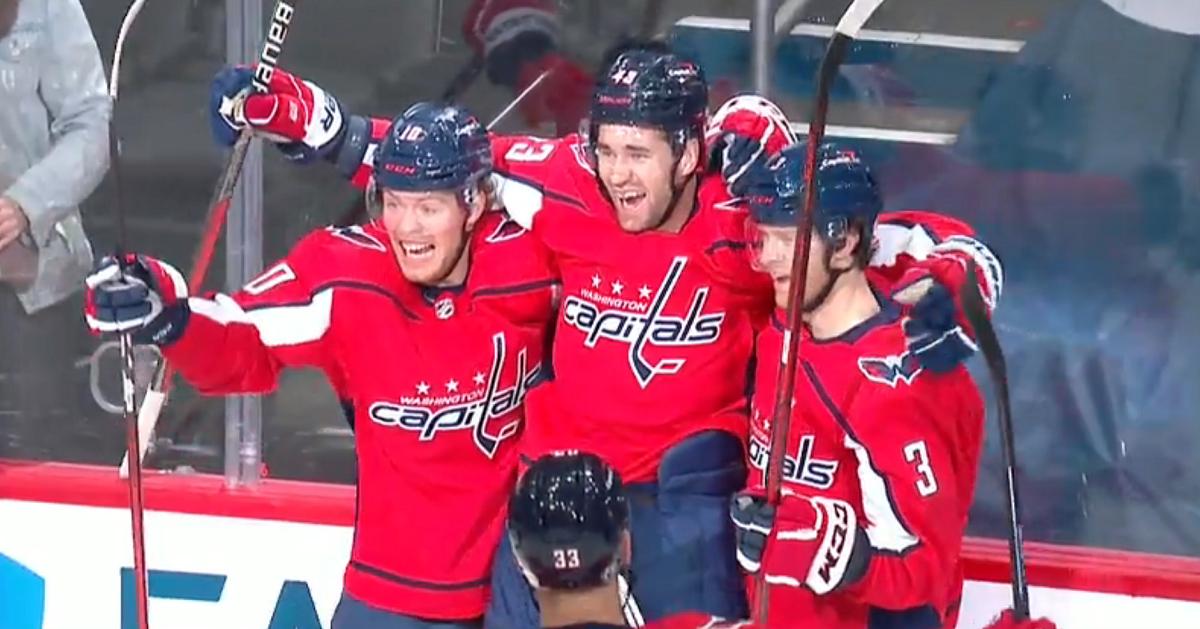 Tom Wilson scores the first goal of the 2021 Stanley Cup Playoffs.
