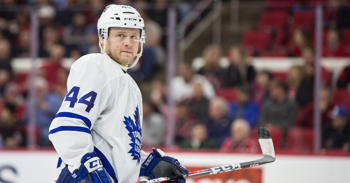 Morgan Rielly suffers an injury on Monday.
