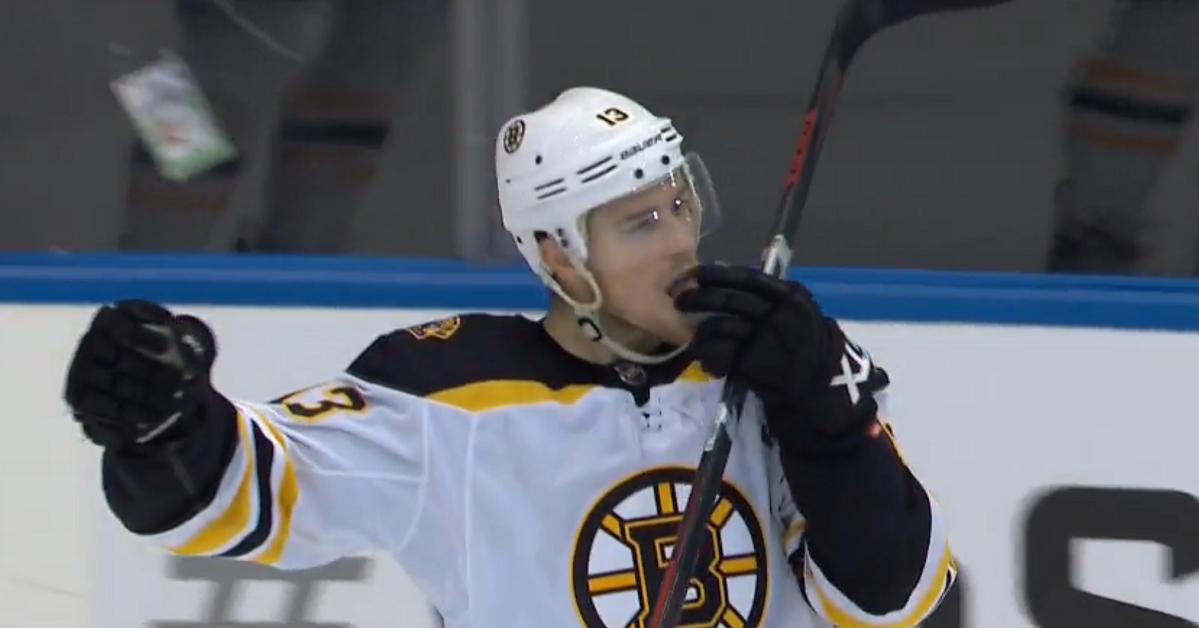 Charlie Coyle scores on a ridiculous deflection in Game 1.