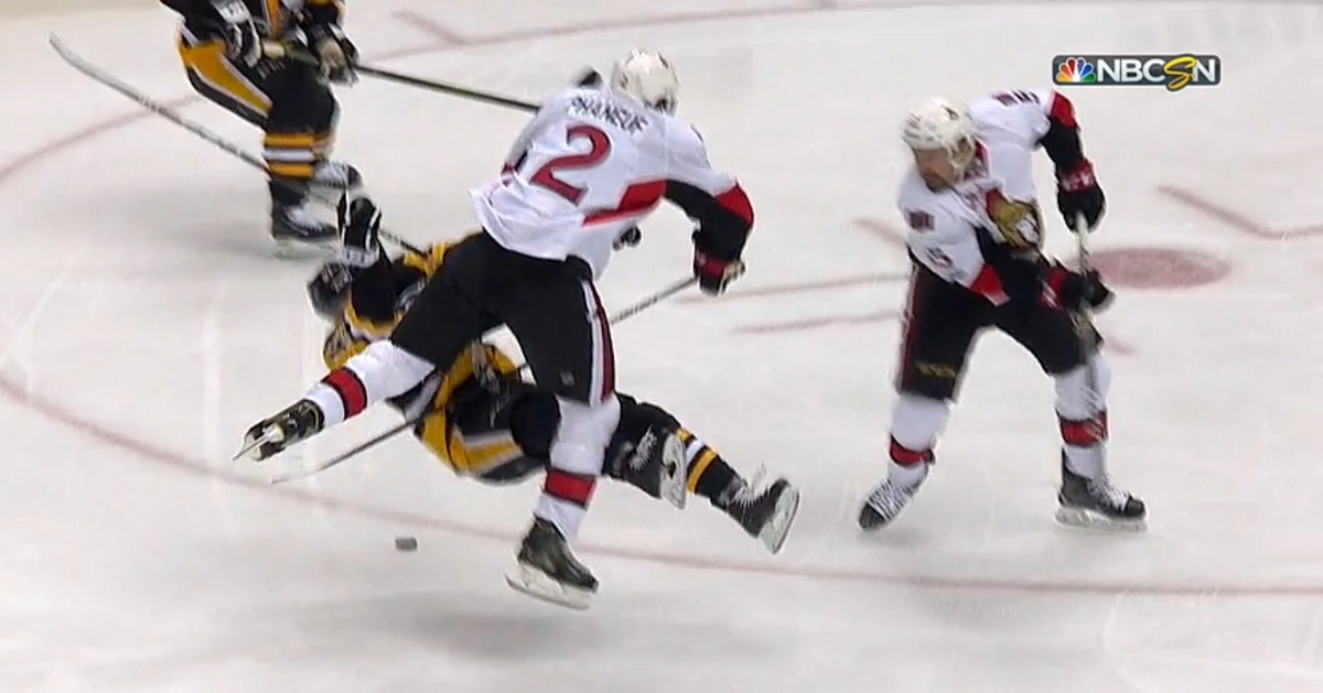 Penguins forward leaves the game after being crushed by Dion Phaneuf.