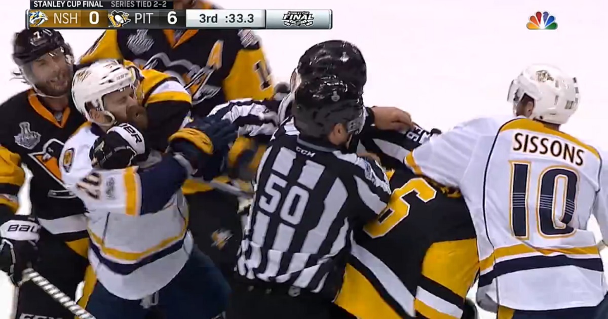 Multiple fights, a crosscheck to the face, and more rough stuff late in the third!