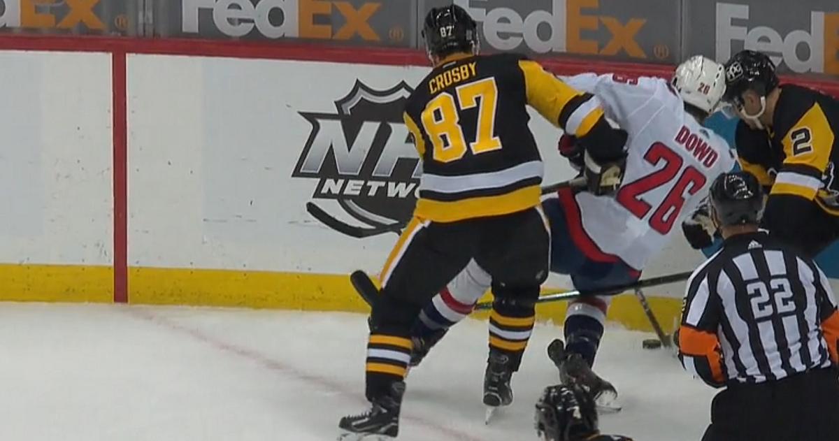 Nic Dowd shaken up after a slew foot from Sidney Crosby.