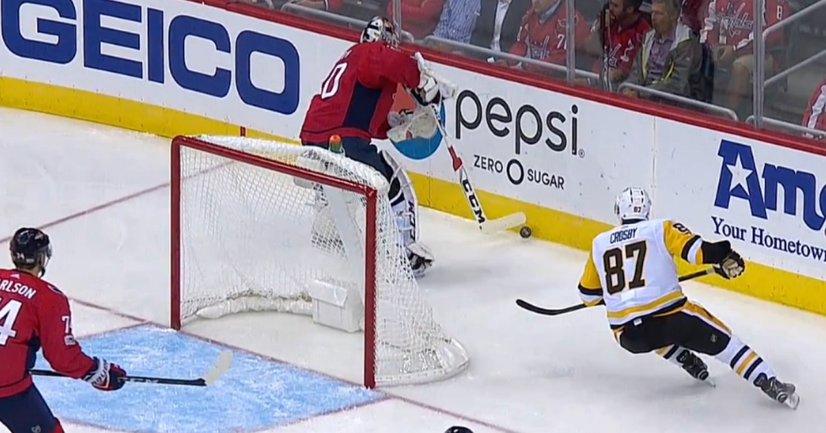 Breaking: Sidney Crosby bumps and knocks down Braden Holtby.