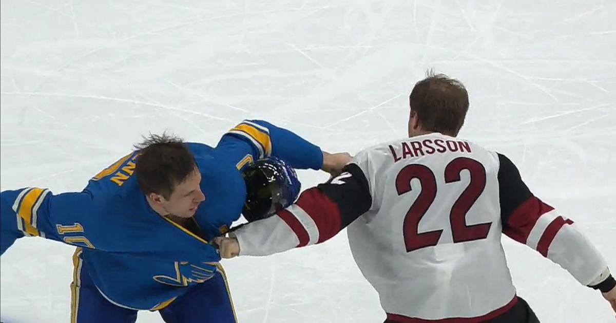 Oliver Ekman Larsson takes on Brayden Schenn in back and forth battle.