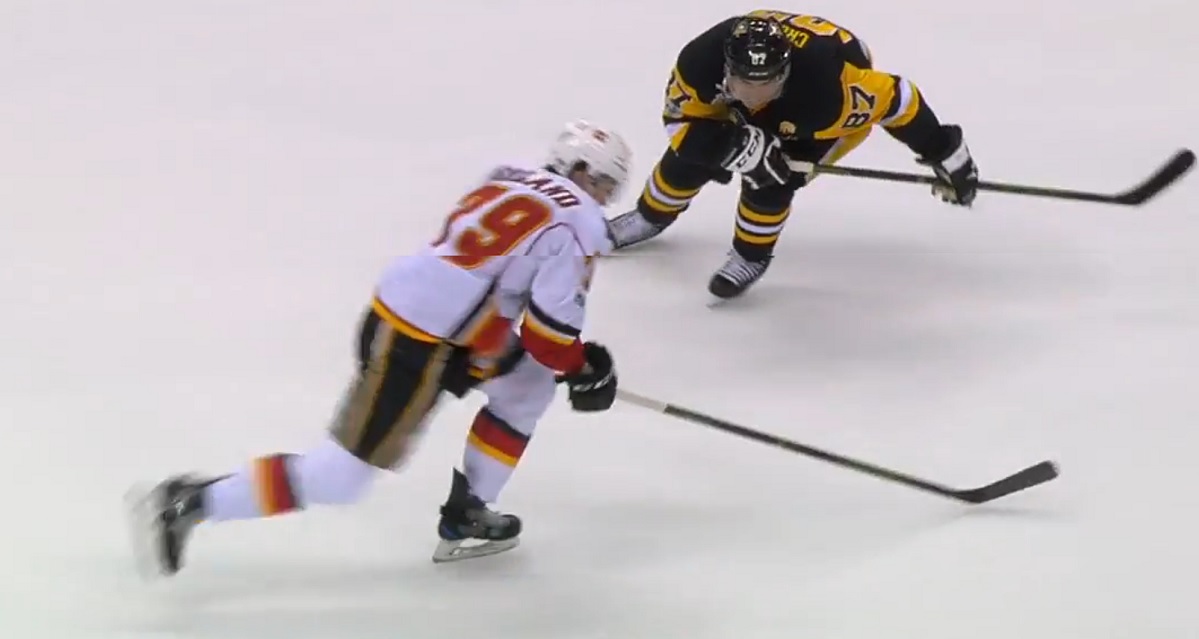 Brutal turnover from Crosby gives the Flames an early lead.