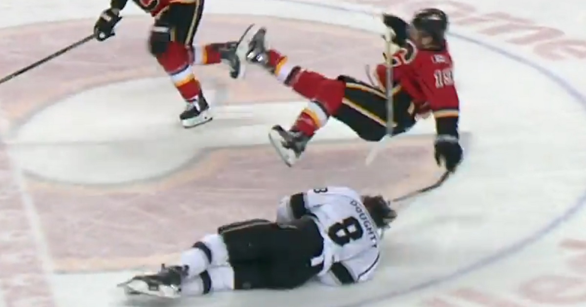 Drew Doughty just barely avoids getting destroyed by Matthew Tkachuk.