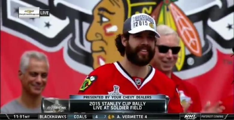 Corey Crawford drops an F Bomb at the Hawks rally..... again.