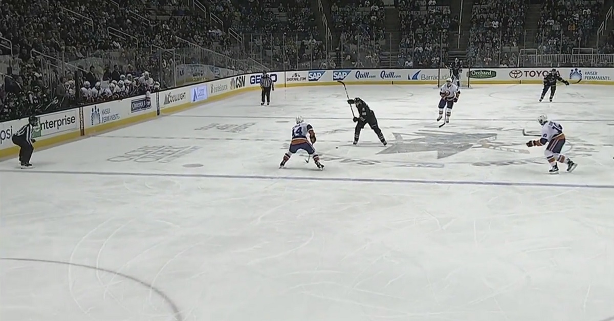 Brent Burns fires off a rocket from center ice and scores!