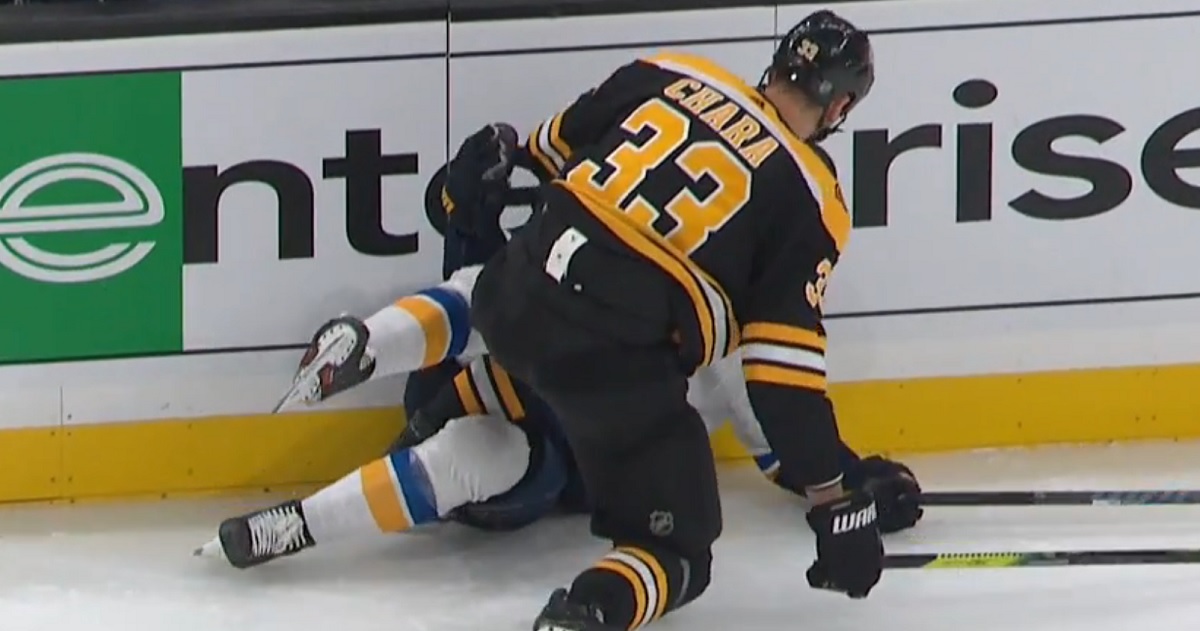 Zdeno Chara levels Oskar Sundqvist in the first 30 seconds of the game!