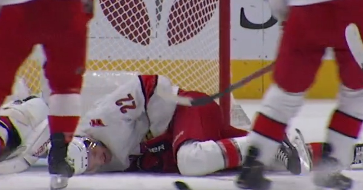 Brett Pesce goes down after taking a slapshot right in the jewels!