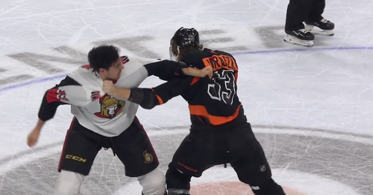 Jakub Voracek drops the gloves with Nick Paul after a huge hit on Travis Konecny.