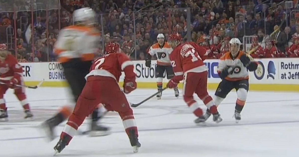 Schenn takes Miller out with a leaping hit to the head.