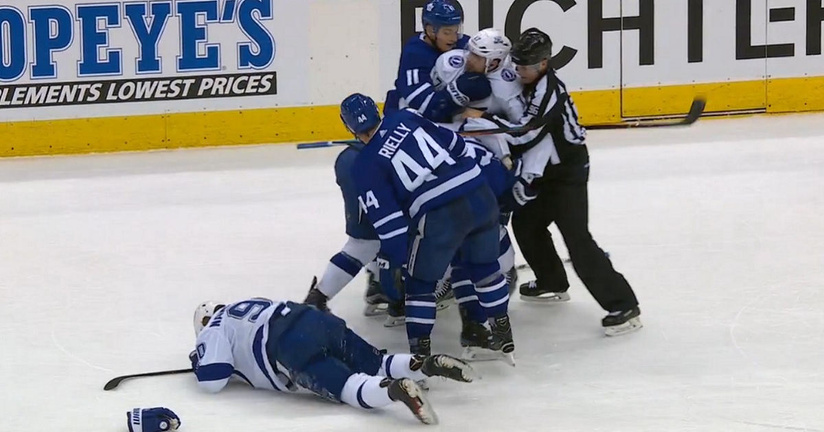 Namestnikov shoves Andersen, Roman Polak makes him pay. 