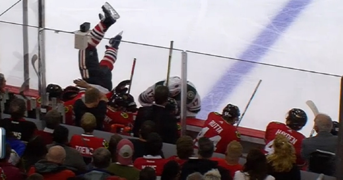 Brent Seabrook gets sent head first into the Blackhawks' bench.