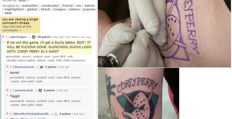 (Photos): Fan gets horrible Corey Perry tattoo after losing a hockey bet.