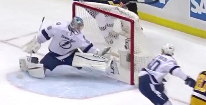 Vasilevskiy robs Sidney Crosby with a glove sign on the goal line.