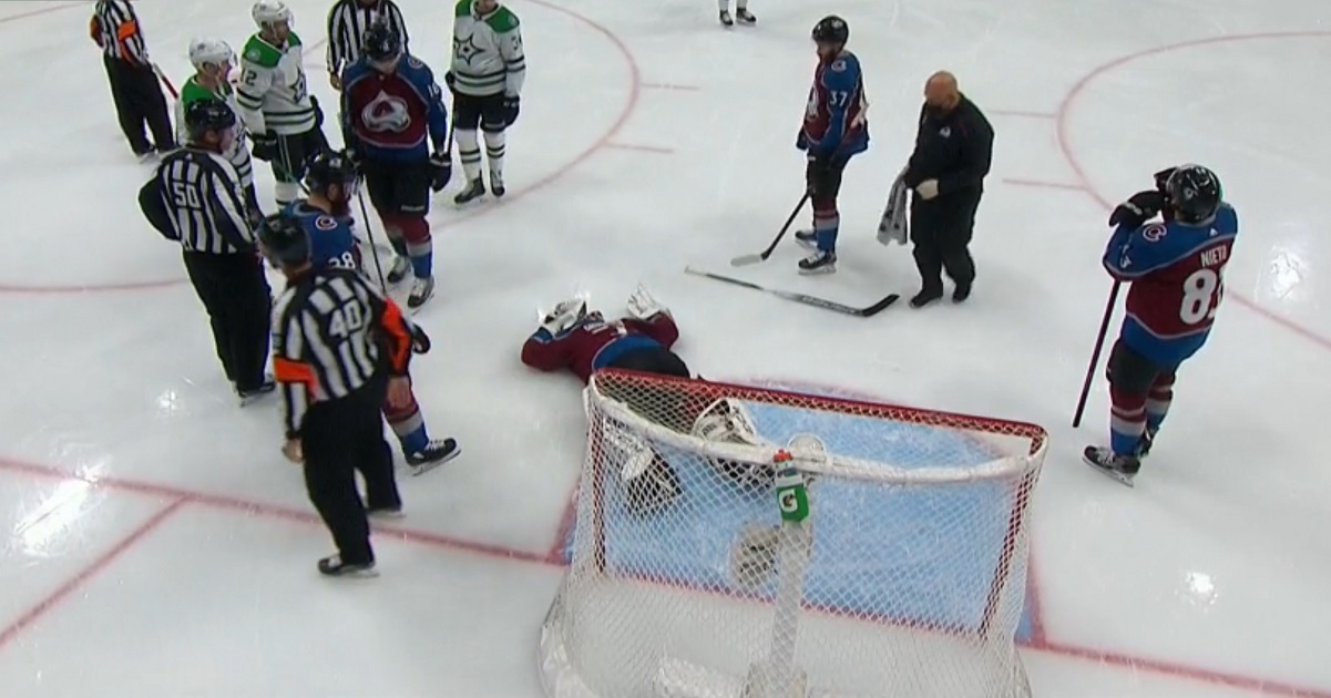 Philipp Grubauer carried off the ice after suffering a serious looking injury.