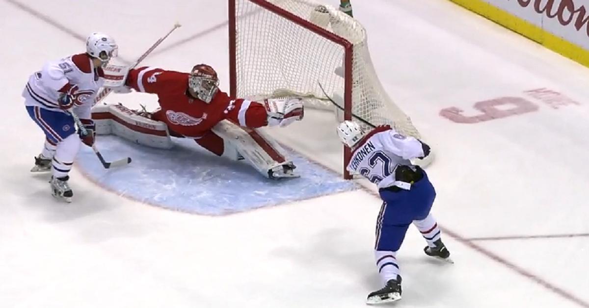 Petr Mrazek with potential save of the year.
