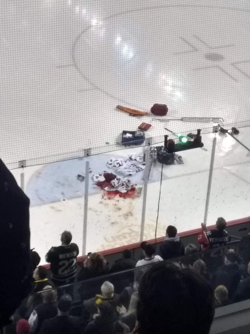 IceDogs goalie Tucker Tynan rushed to hospital after getting cut by a skate! 