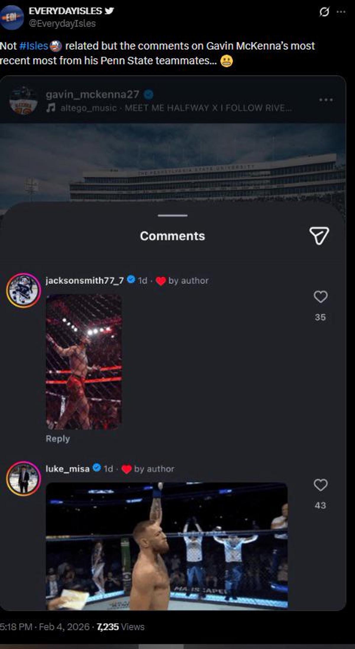 Comments on Gavin McKenna's most recent Instagram post from his Penn State teammates. 